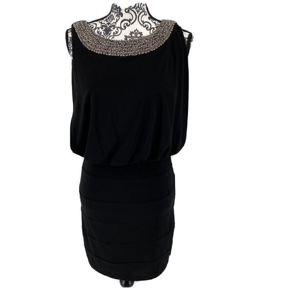 EUC Cachet Beaded Neck Keyhole Back Drop Waist Black Dress. Formal, Prom. Size S - Picture 1 of 10